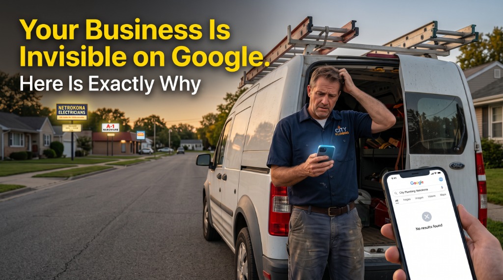 Frustrated local business owner standing by his work van, looking at his phone which shows no Google Maps results for his business
